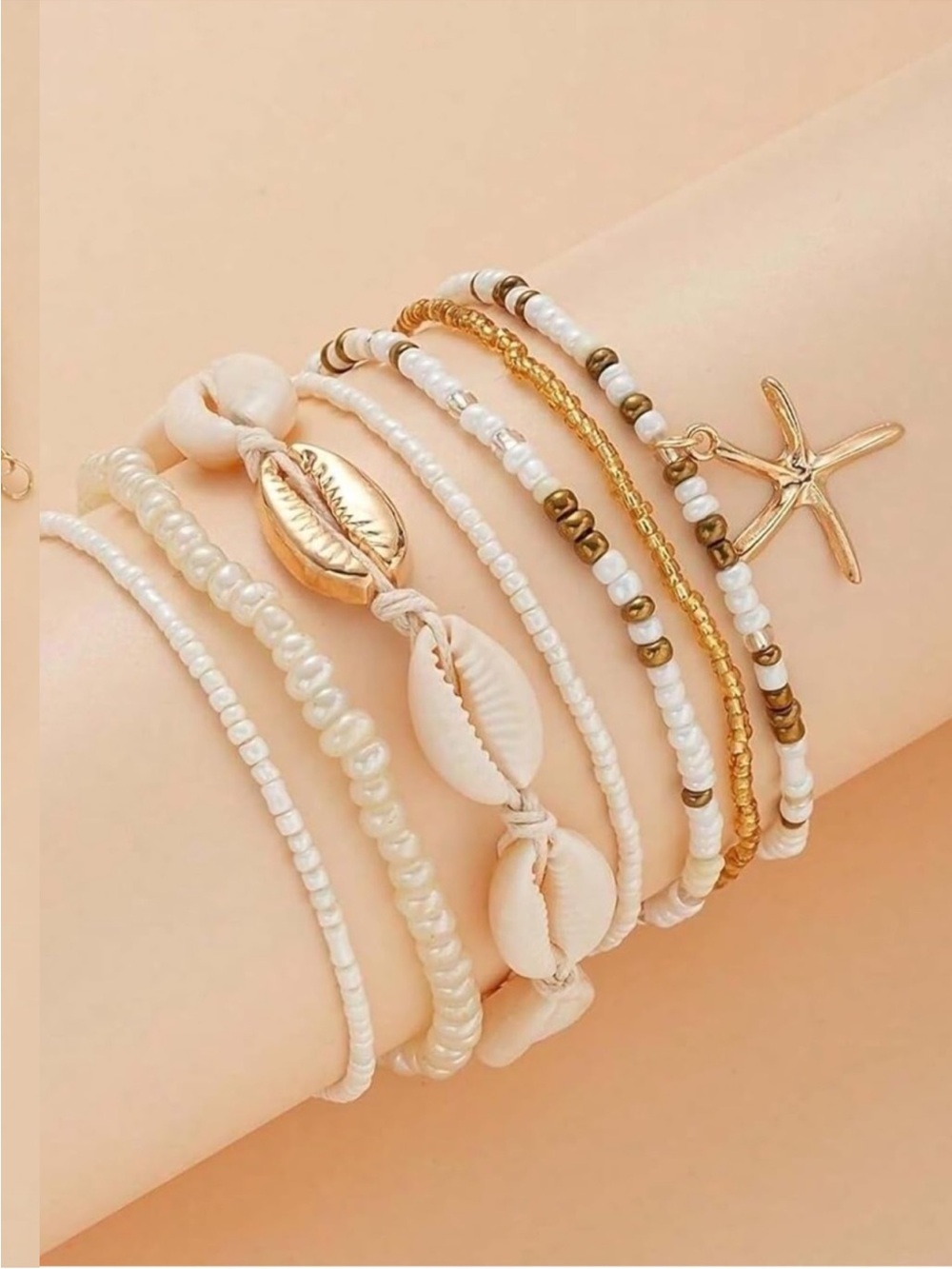New White & Gold Shell Anklet Stack - Picture 7 of 7